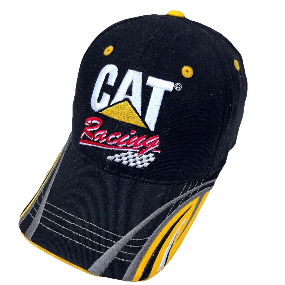 Vintage Nascar Hat Cap Strap Back Black Yellow CAT Racing Caterpillar Y2K 00s - Picture 3 of 10